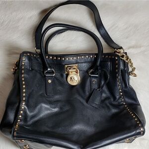Michael Kors LEATHER Black Over the Shoulder Gold Stitch Purse Handbag